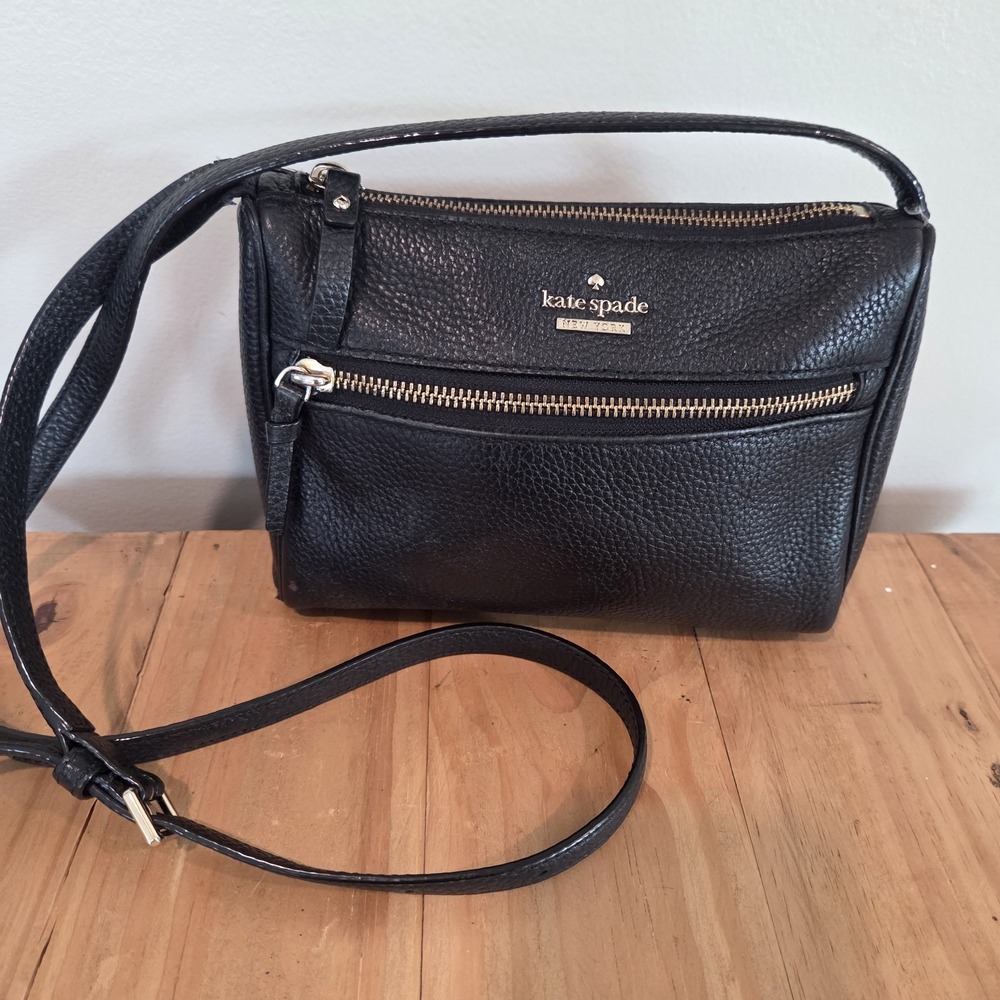 Kate Spade New York Black Pebbled Leather Crossbody Shoulder Bag Gold Zip Purse